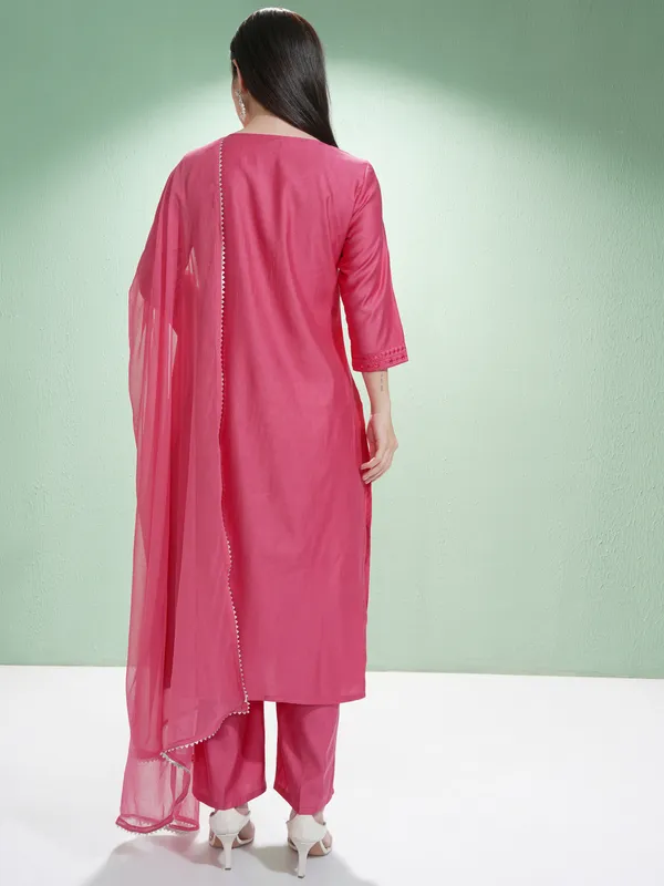 Vishudh Women Pink Embroidered Kurta With Trousers And Dupatta
