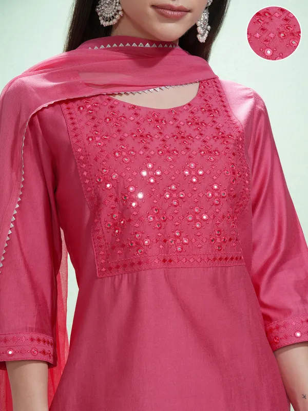 Vishudh Women Pink Embroidered Kurta With Trousers And Dupatta