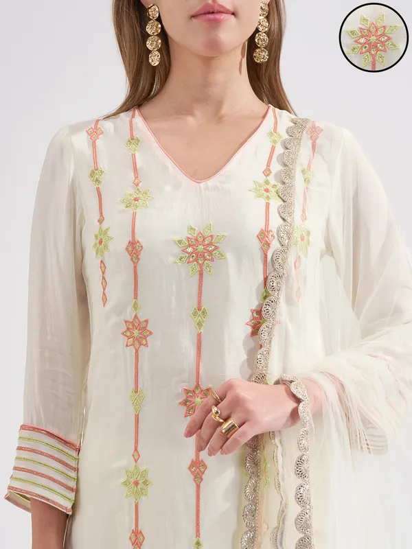 Vishudh Women Off White Embroidered Kurta And Trouser With Dupatta