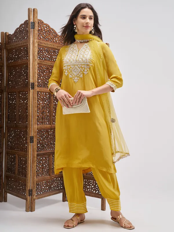 Vishudh Women Mustard Embroidered Kurta And Palazzo With Dupatta