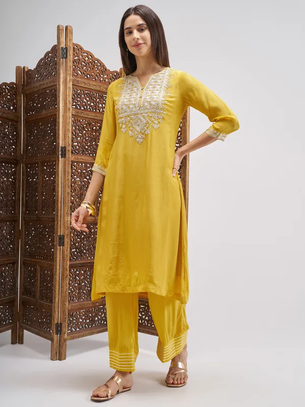 Vishudh Women Mustard Embroidered Kurta And Palazzo With Dupatta