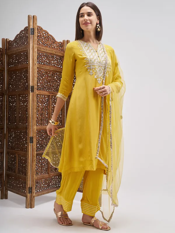 Vishudh Women Mustard Embroidered Kurta And Palazzo With Dupatta