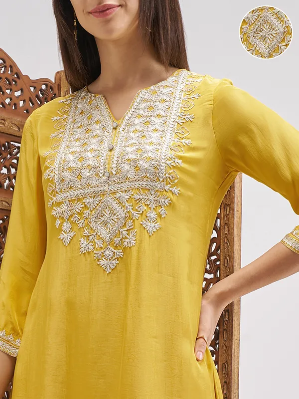 Vishudh Women Mustard Embroidered Kurta And Palazzo With Dupatta