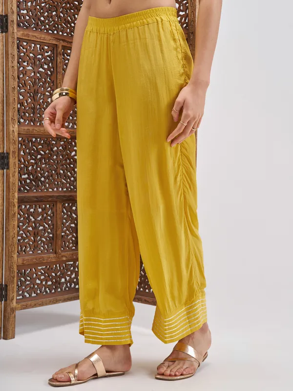 Vishudh Women Mustard Embroidered Kurta And Palazzo With Dupatta