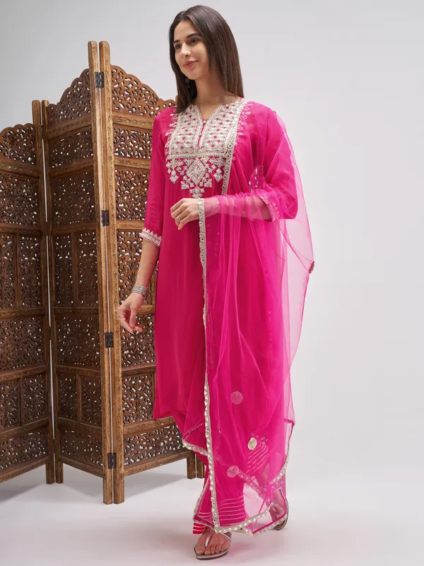Vishudh Women Pink Embroidered Kurta And Palazzo With Dupatta