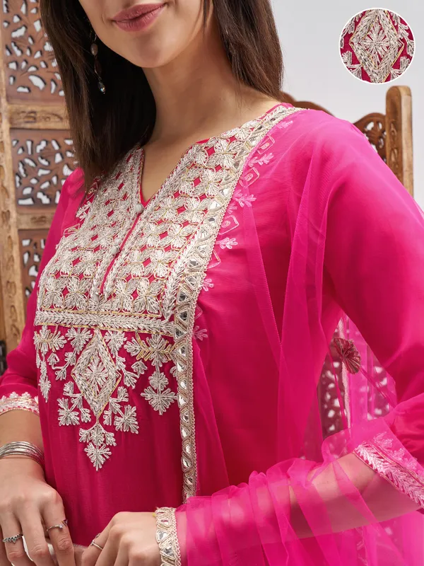 Vishudh Women Pink Embroidered Kurta And Palazzo With Dupatta