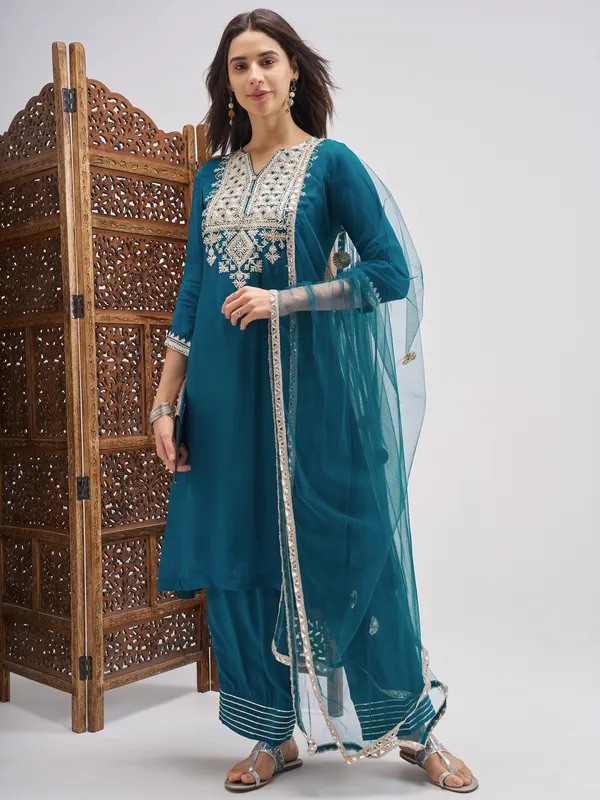 Vishudh Women Teal Embroidered Kurta And Palazzo With Dupatta