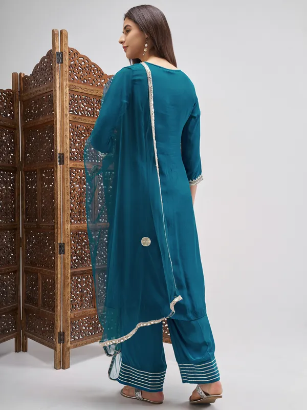 Vishudh Women Teal Embroidered Kurta And Palazzo With Dupatta