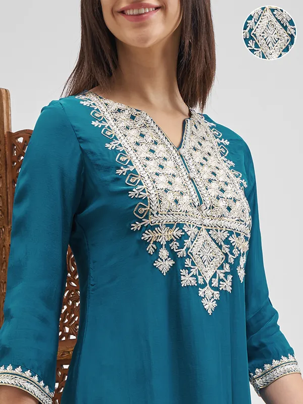 Vishudh Women Teal Embroidered Kurta And Palazzo With Dupatta