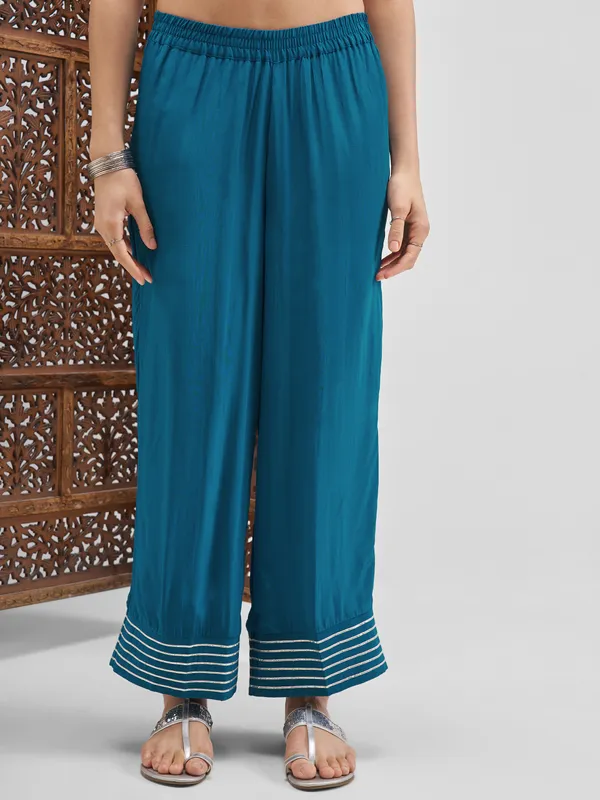 Vishudh Women Teal Embroidered Kurta And Palazzo With Dupatta