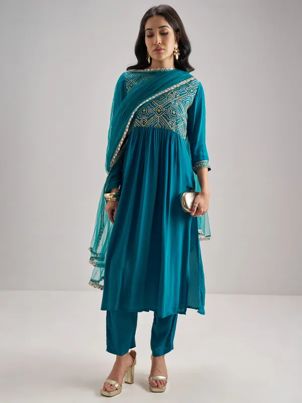 Vishudh Women Teal Embroidered Kurta With Trouser And Dupatta