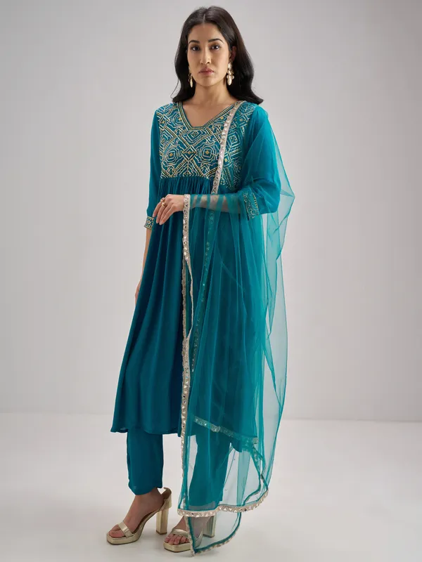Vishudh Women Teal Embroidered Kurta With Trouser And Dupatta