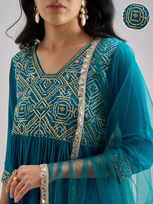Vishudh Women Teal Embroidered Kurta With Trouser And Dupatta
