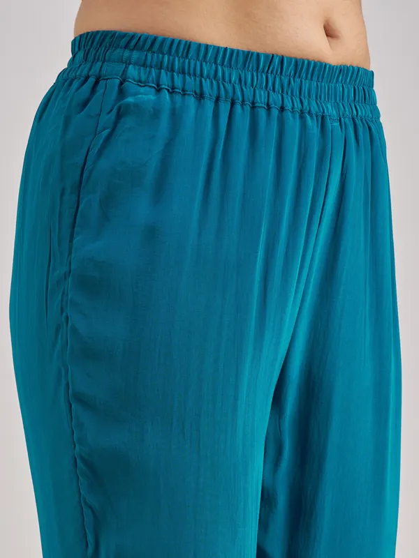 Vishudh Women Teal Embroidered Kurta With Trouser And Dupatta