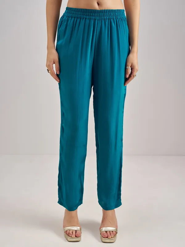 Vishudh Women Teal Embroidered Kurta With Trouser And Dupatta