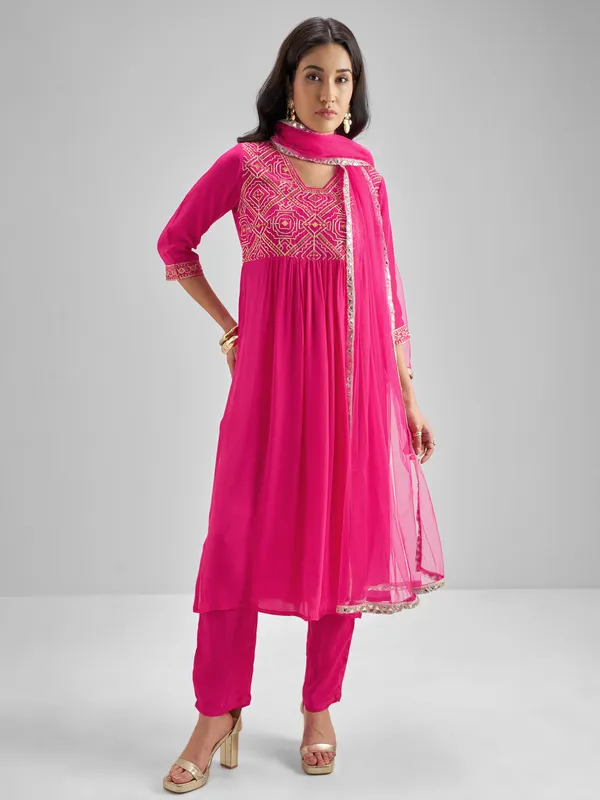Vishudh Women Pink Embroidered Kurta With Trouser And Dupatta