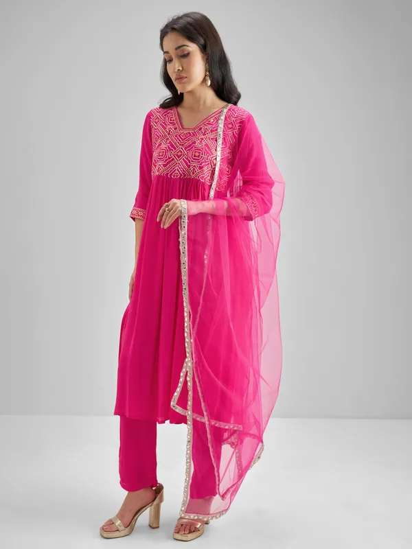 Vishudh Women Pink Embroidered Kurta With Trouser And Dupatta