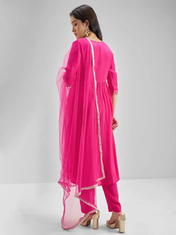 Vishudh Women Pink Embroidered Kurta With Trouser And Dupatta