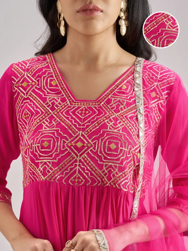 Vishudh Women Pink Embroidered Kurta With Trouser And Dupatta