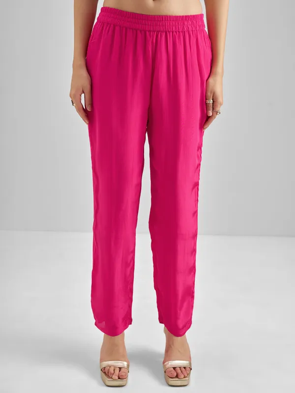 Vishudh Women Pink Embroidered Kurta With Trouser And Dupatta