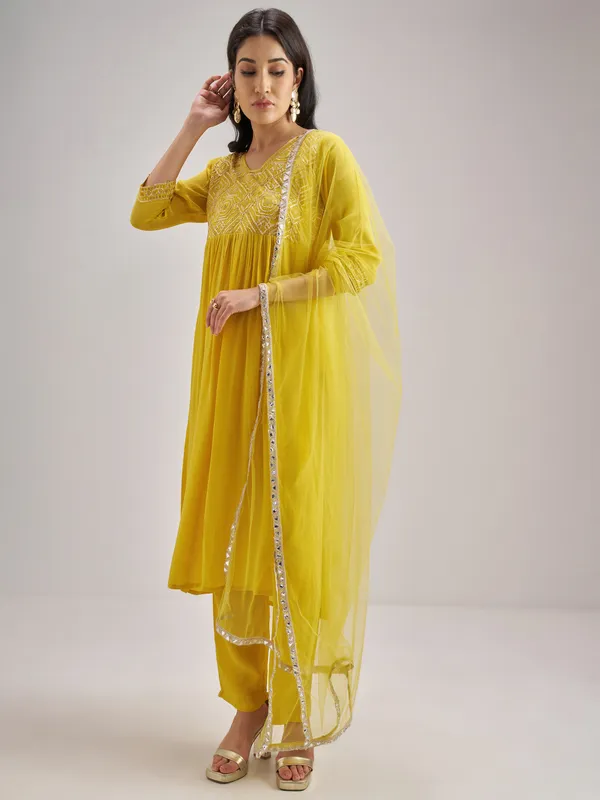 Vishudh Women Yellow Embroidered Kurta With Trouser And Dupatta