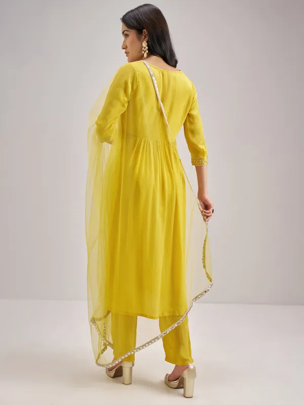 Vishudh Women Yellow Embroidered Kurta With Trouser And Dupatta