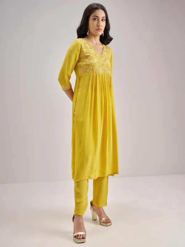 Vishudh Women Yellow Embroidered Kurta With Trouser And Dupatta