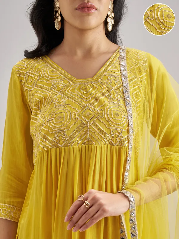 Vishudh Women Yellow Embroidered Kurta With Trouser And Dupatta