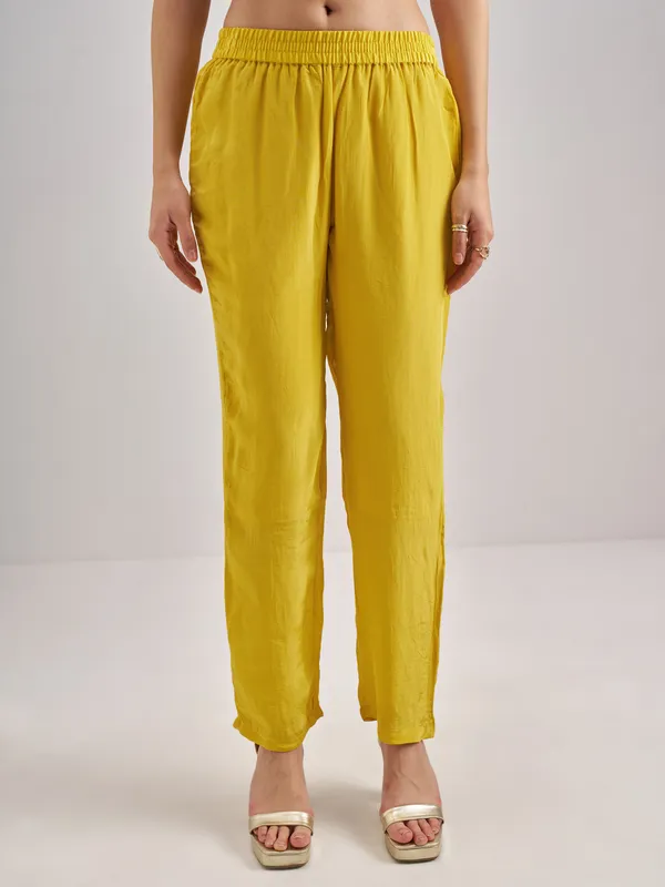 Vishudh Women Yellow Embroidered Kurta With Trouser And Dupatta