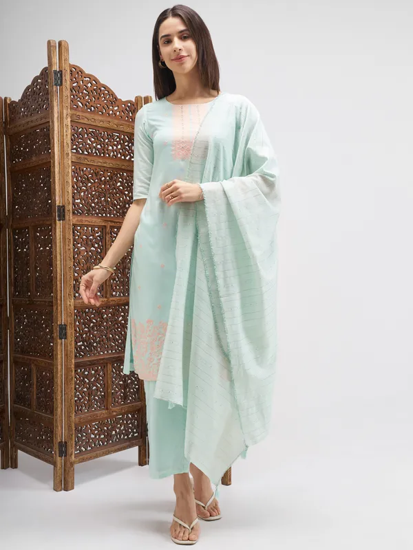 Vishudh Women Blue Embroidered Kurta And Trouser With Dupatta