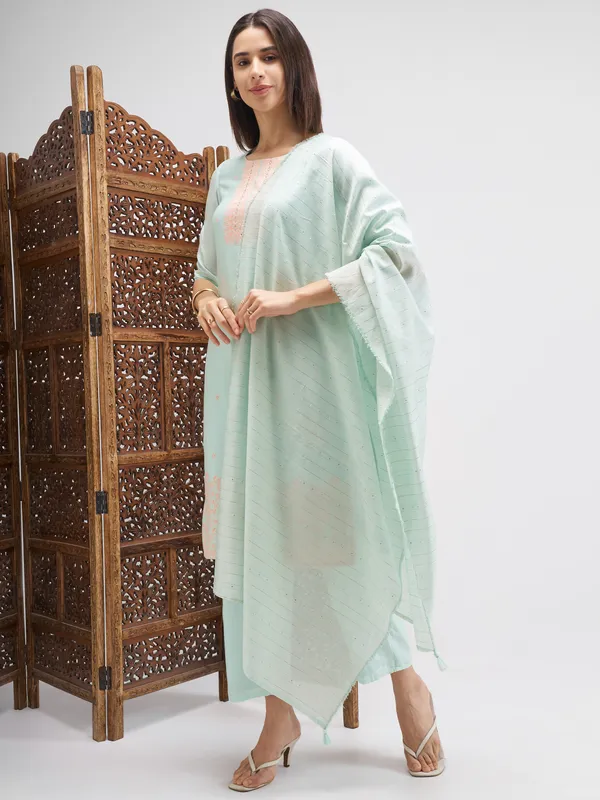 Vishudh Women Blue Embroidered Kurta And Trouser With Dupatta