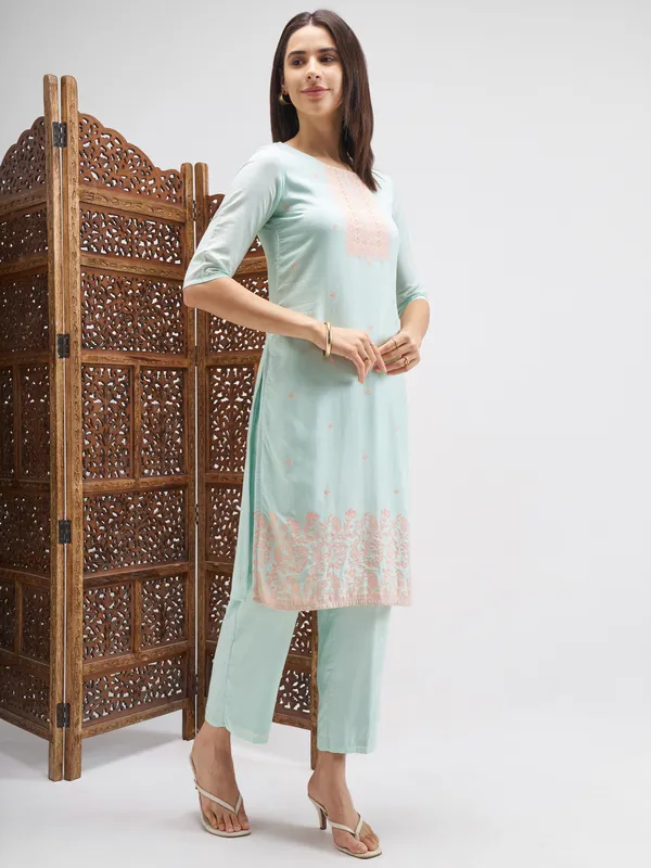 Vishudh Women Blue Embroidered Kurta And Trouser With Dupatta