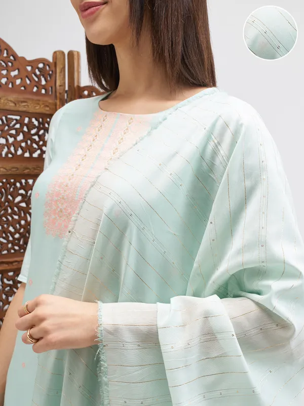 Vishudh Women Blue Embroidered Kurta And Trouser With Dupatta