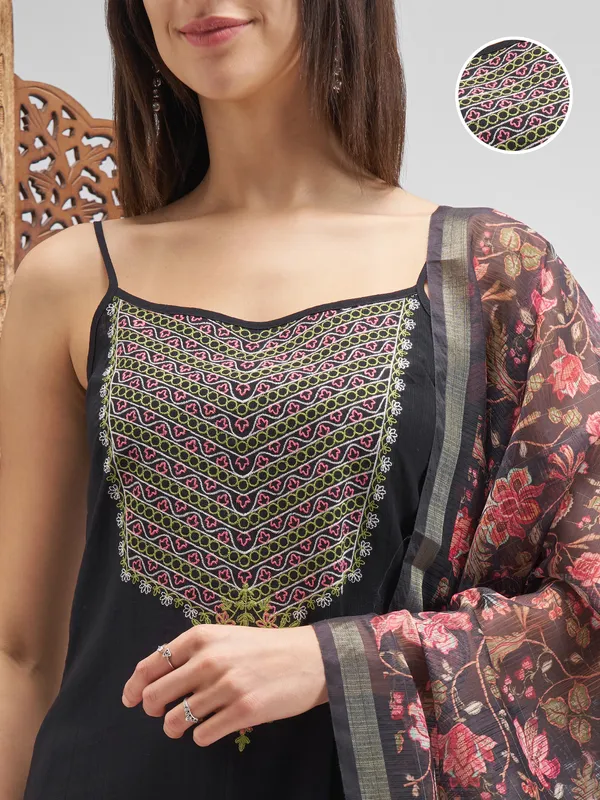Vishudh Women Black Embroidered Kurta And Trousers With Dupatta