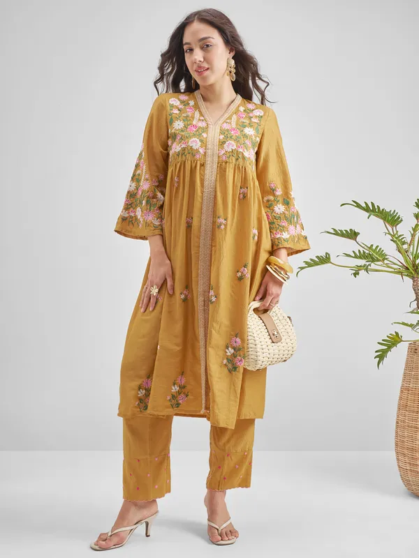 Vishudh Women Mustard Embroidered Kurta With Trouser