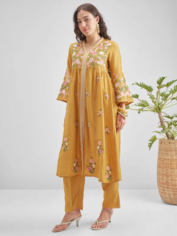 Vishudh Women Mustard Embroidered Kurta With Trouser