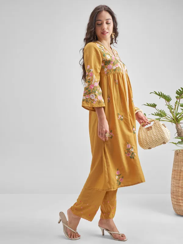 Vishudh Women Mustard Embroidered Kurta With Trouser