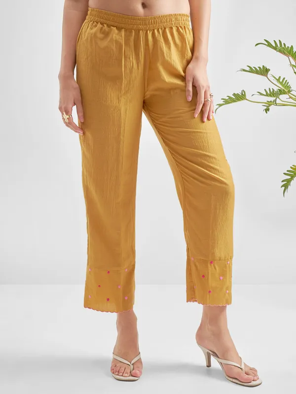 Vishudh Women Mustard Embroidered Kurta With Trouser
