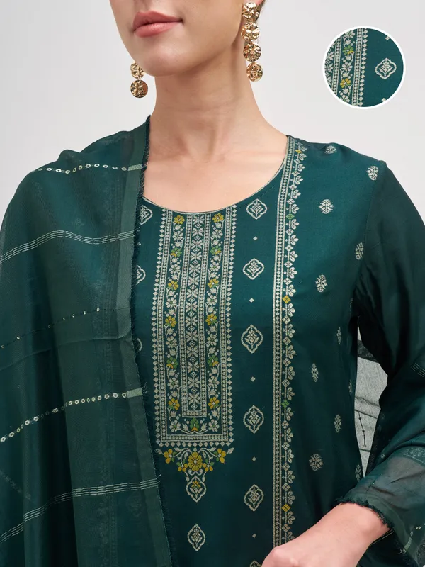 Vishudh Women Teal Embroidered Kurta And Trouser With Dupatta