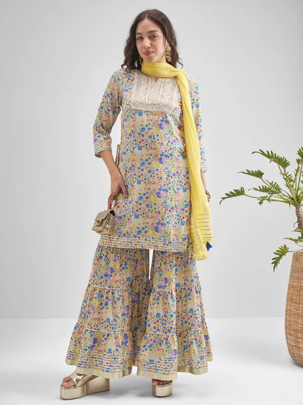 Vishudh Women Multi Printed Kurta With Sharara And Dupatta