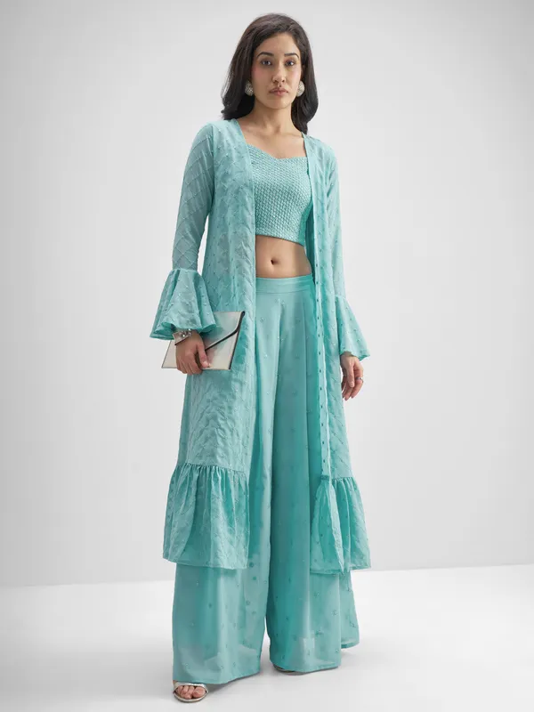 Vishudh Women Turquoise Top With Palazzo And Shrug Co-Ords