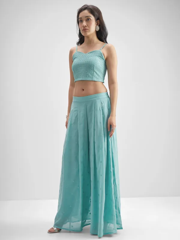 Vishudh Women Turquoise Top With Palazzo And Shrug Co-Ords