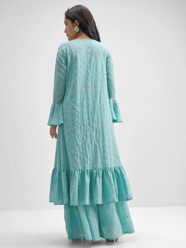 Vishudh Women Turquoise Top With Palazzo And Shrug Co-Ords