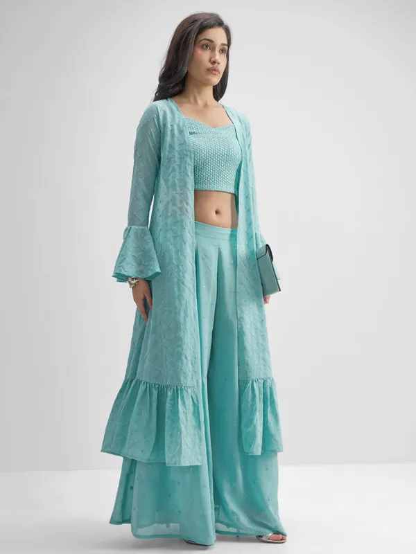 Vishudh Women Turquoise Top With Palazzo And Shrug Co-Ords