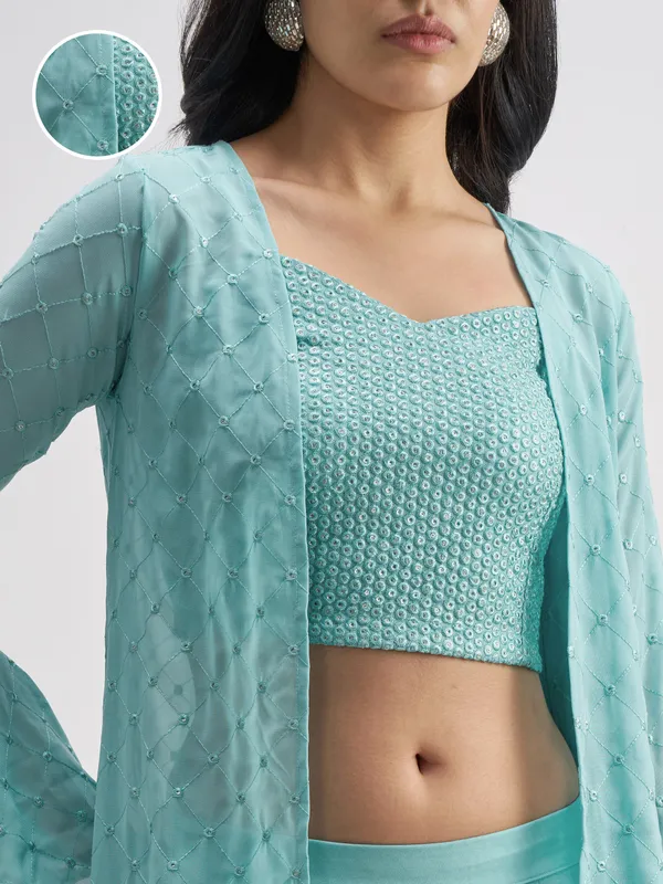 Vishudh Women Turquoise Top With Palazzo And Shrug Co-Ords