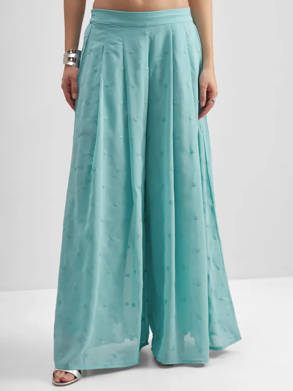 Vishudh Women Turquoise Top With Palazzo And Shrug Co-Ords