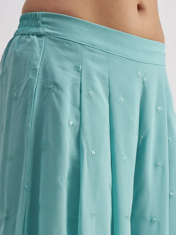 Vishudh Women Turquoise Top With Palazzo And Shrug Co-Ords