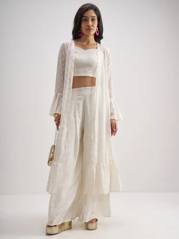 Vishudh Women Off White Top With Palazzo And Shrug Co-Ords