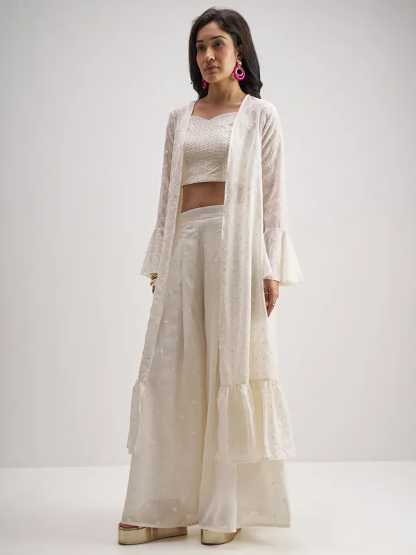 Vishudh Women Off White Top With Palazzo And Shrug Co-Ords