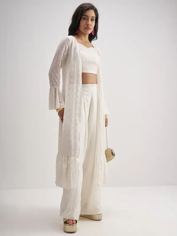Vishudh Women Off White Top With Palazzo And Shrug Co-Ords